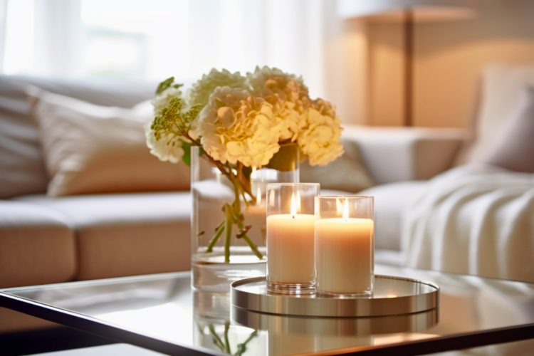 candles and flowers on a coffee table