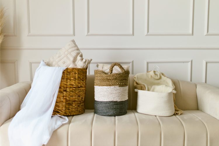 Woven baskets on a sofa