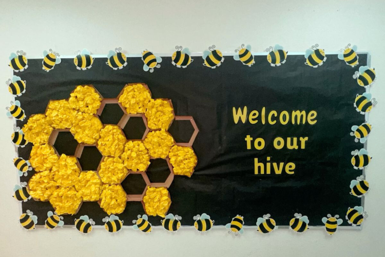 Welcome To Our Hive Back to school Bulletin Board idea for kindergarten