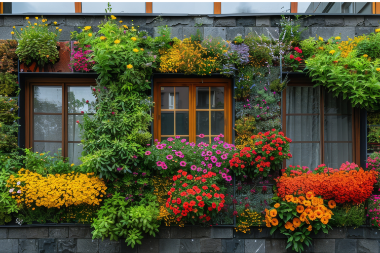 brick building with floweradorned window orange yellow green