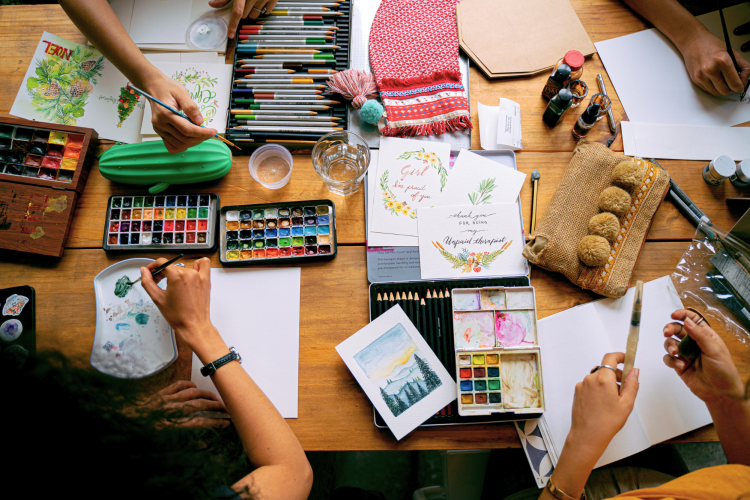 group making watercolor card art