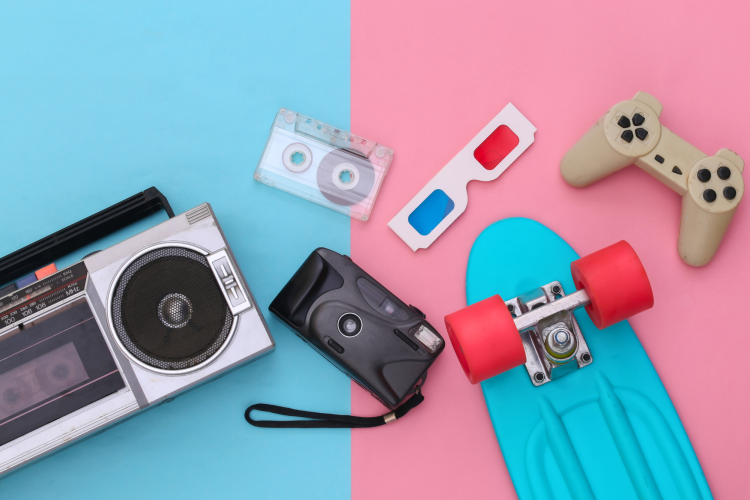80s items on a flat lay