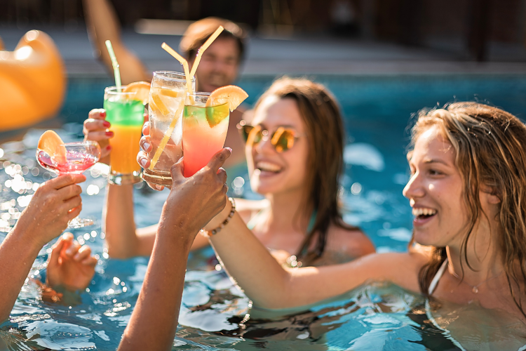 adult pool party in the backyard