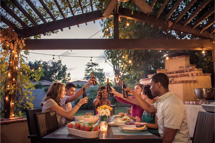 friends raising a toast in the backyard