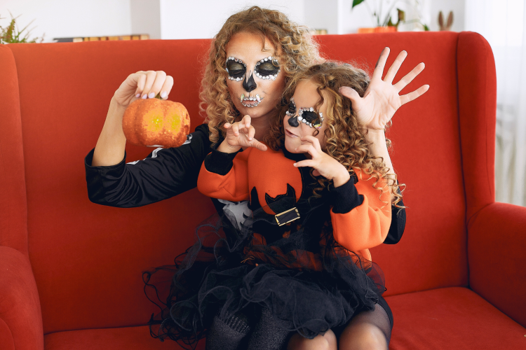 mother and daughter dressed up as ghouls on Halloween