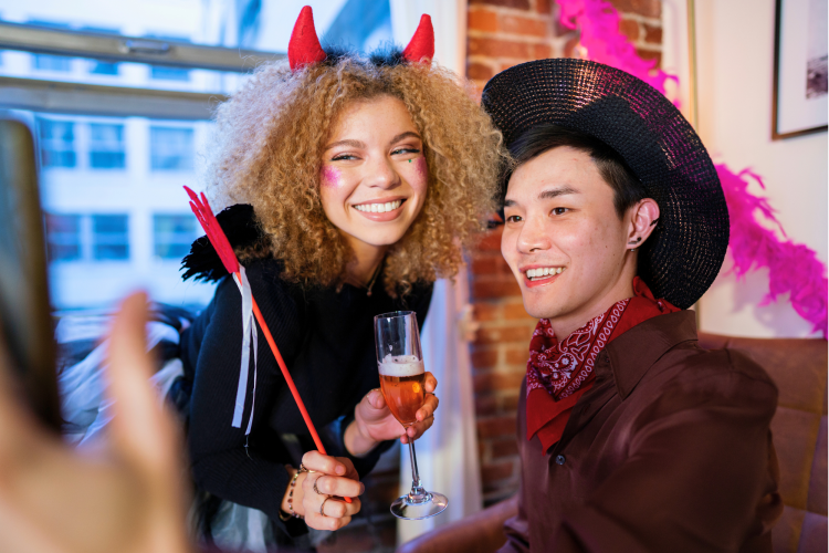 medium shot happy friends wearing costumes