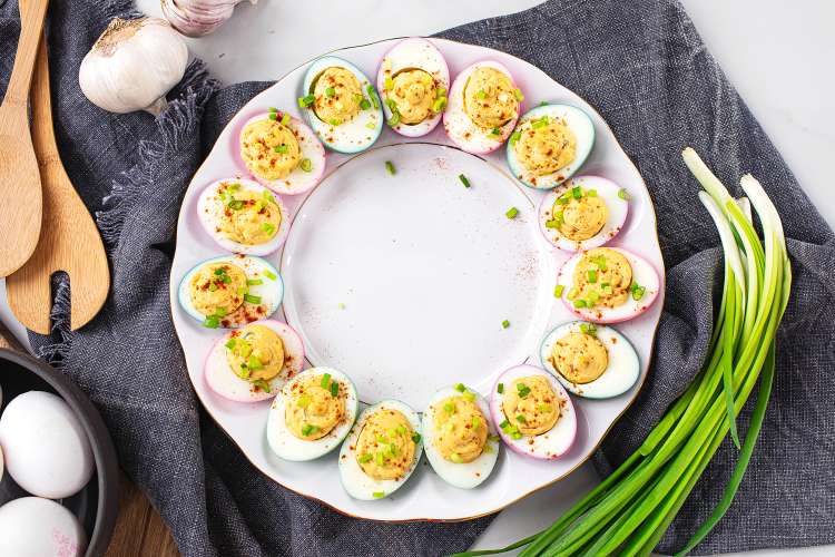 easter deviled eggs are a tangy, colorful gluten free party snack