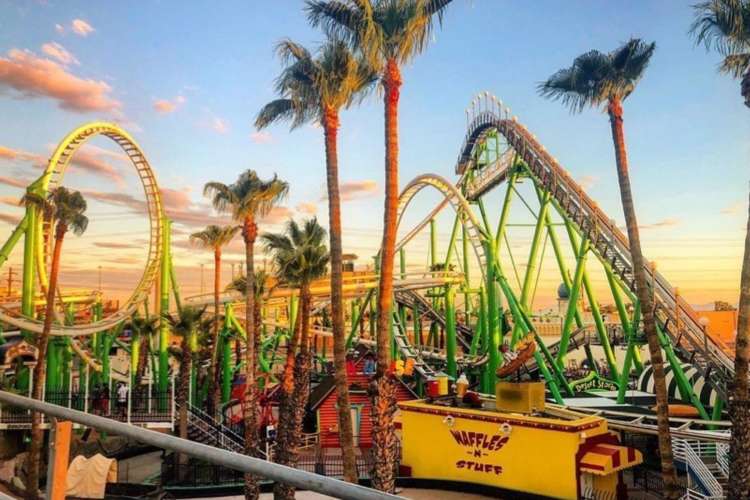 palm trees and roller coasters against a pastel sunset