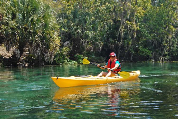 a woman in a red life jacket kayaking in a natural area