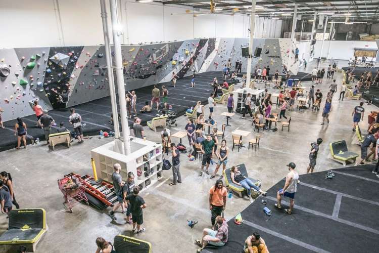 an indoor rock climbing gym with climbers chatting and climbing