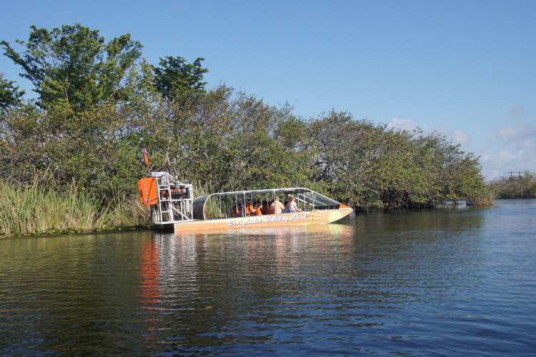 an airboat transporting a small group in the Florida Everglades.