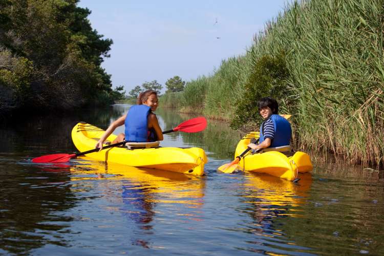 Two people kayaking, which is an adventurous first date idea