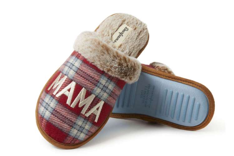 plush, fur-lined plaid slippers that say Mama