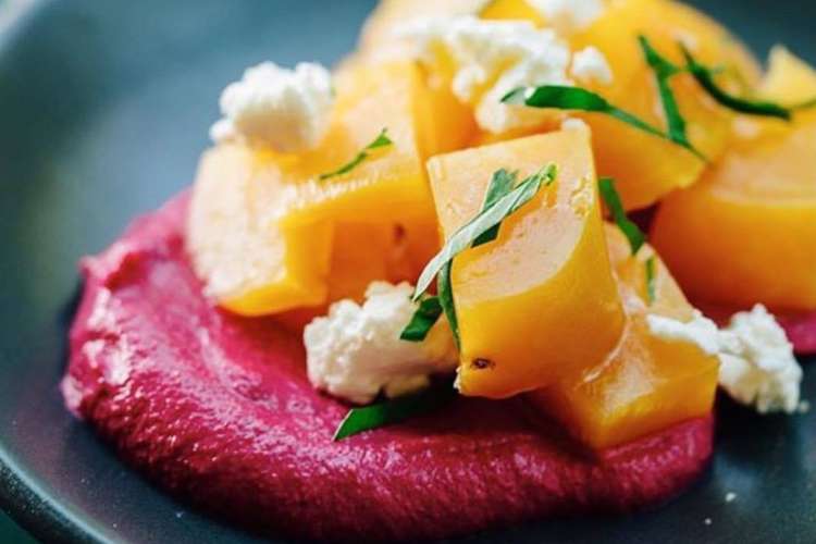 red beet hummus and labne appetizer