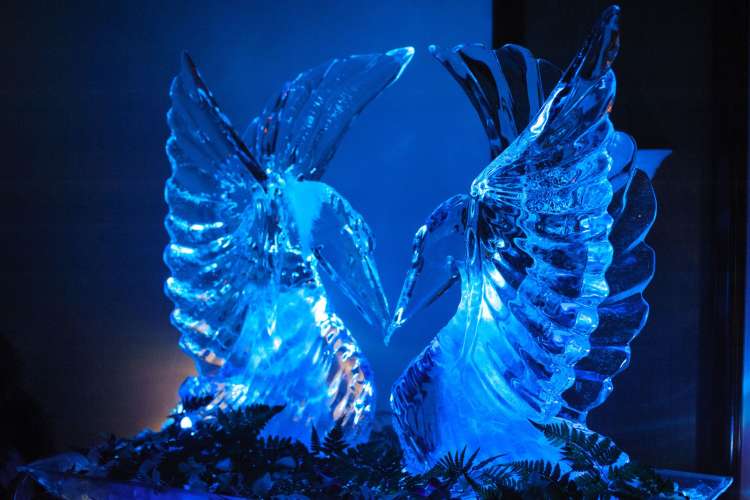 a transparent ice sculpture of a bird taking flight