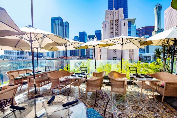 a rooftop restaurant in LA on a sunny day