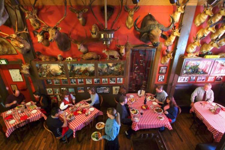 a rustic restaurant dining room decorated with animals