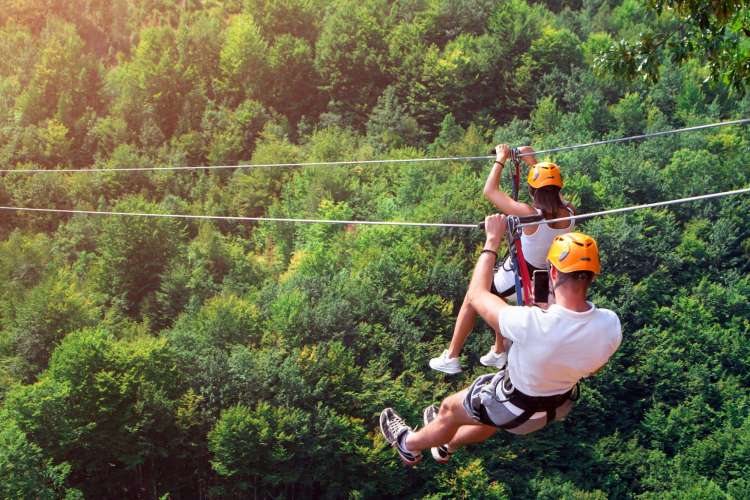 a couple zip lining over the trees