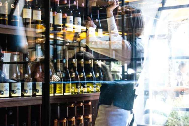 a server pulling a bottle of wine from a wine cellar