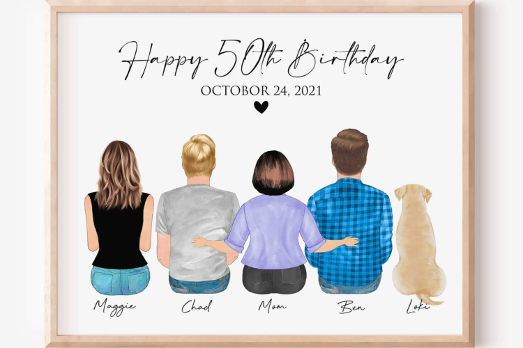 a custom drawn family portrait is a thoughtful 50th birthday gift idea