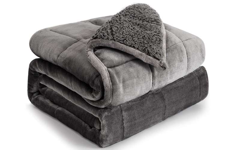 a plush gray weighted blanket folded up