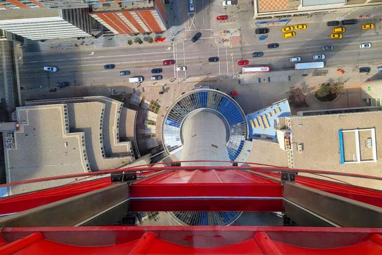 a bird's eye view of the street below from Calgary Tower