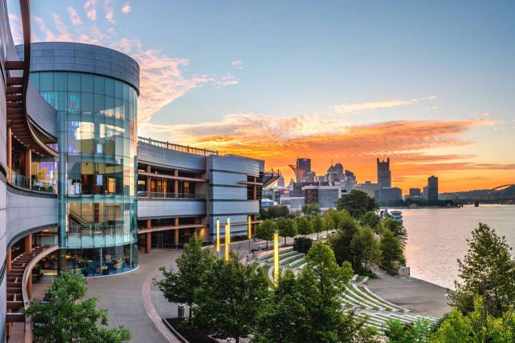 exterior of rivers casino pittsburgh at sunset