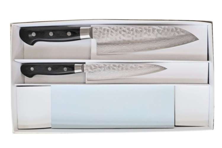 the Kikuichi Elite Warikomi Damascus Tsuchime 2-Pc Knife Set With Stone is one of the best knife sets