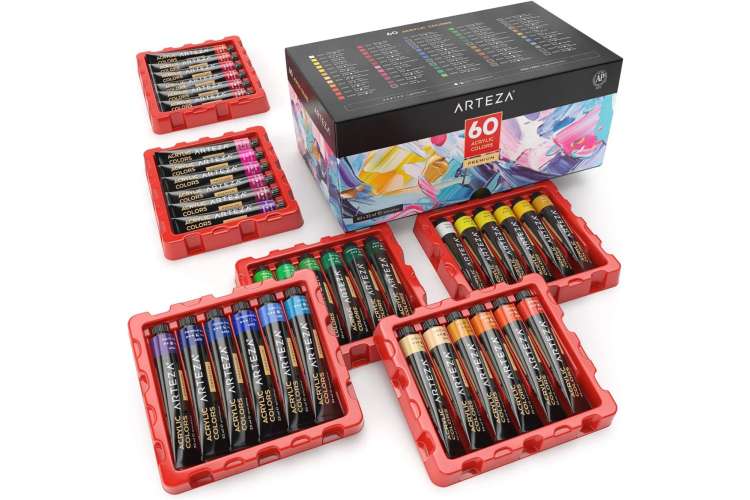 an acrylic paint set displayed beside its box