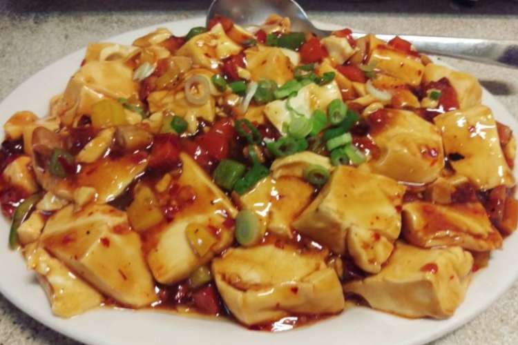 a soft tofu dish with dark sauce