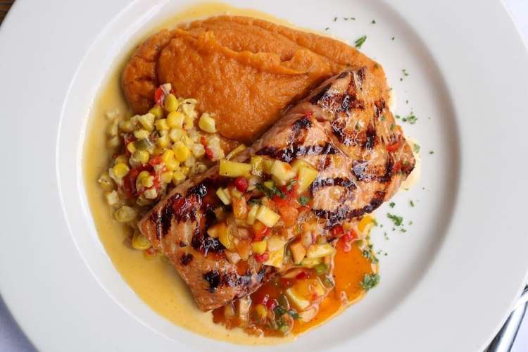 salmon with corn and sweet potato puree from the atlanta fish market