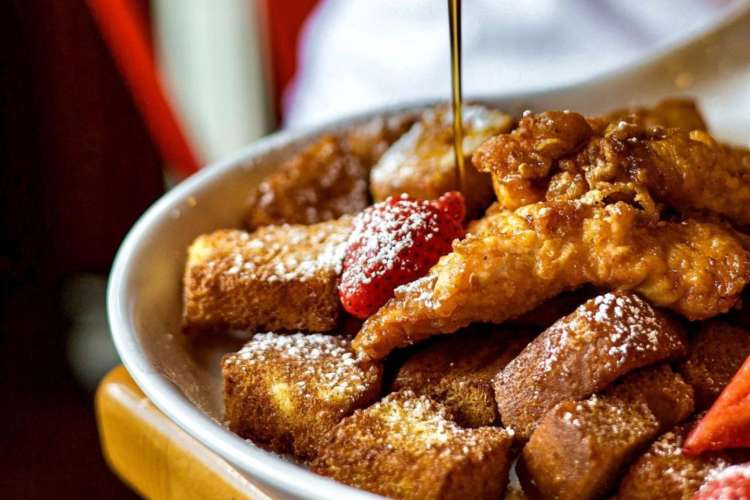 a plate of fried chicken and French toast