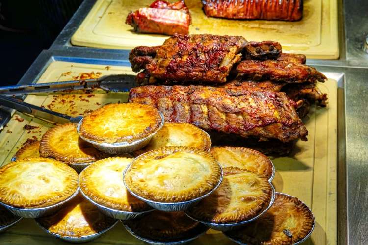 ribs and meat pies on display at St. Lawrence Market