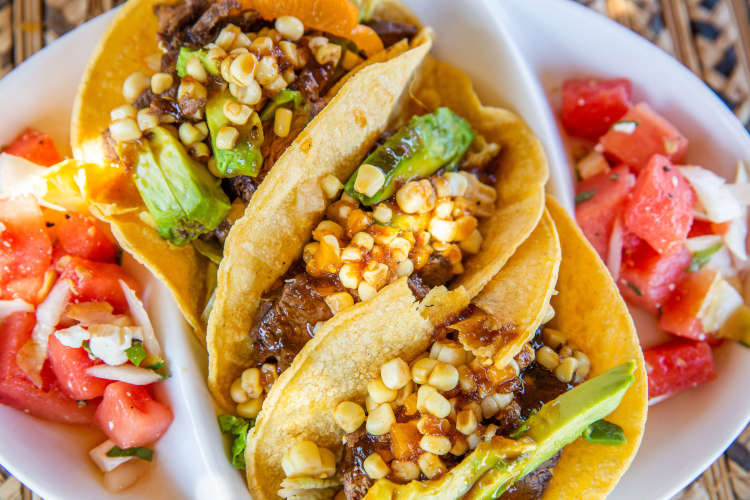 tacos with corn, avocado and beef