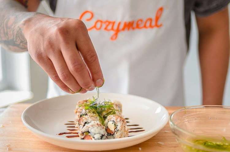 private chef plating homemade sushi