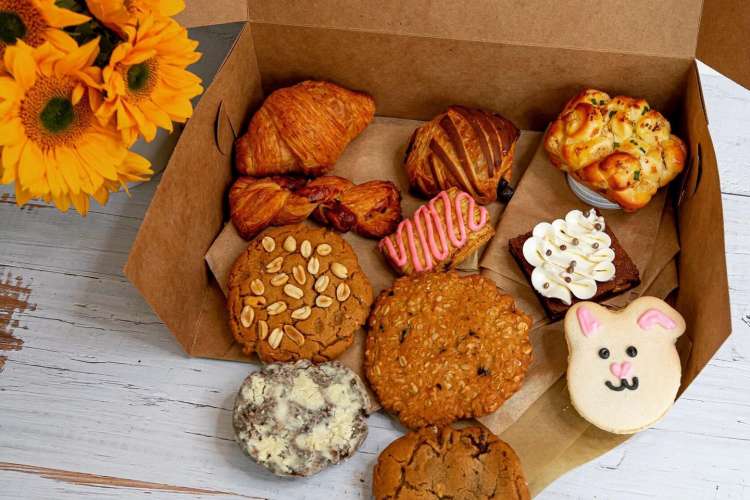 box of pastries and cookies from d'andrews bakery