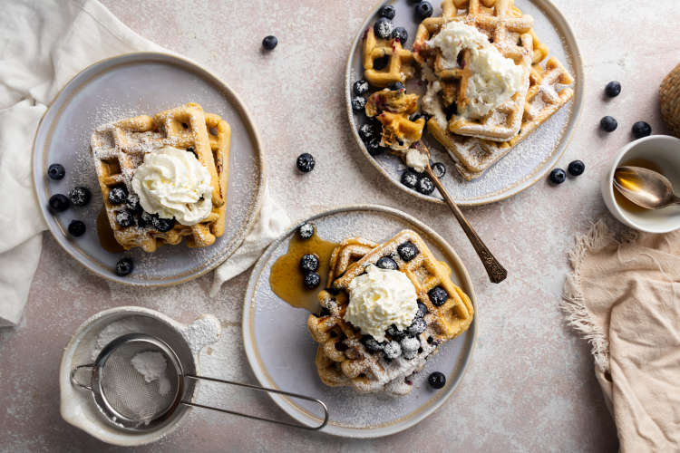 this blueberry waffle is a crisp and fluffy christmas breakfast idea