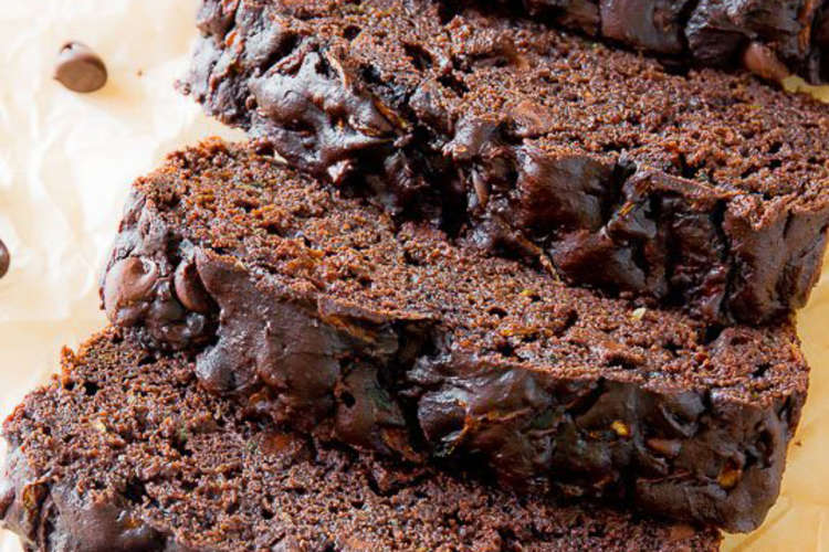 double chocolate zucchini bread has a large serving of shredded zucchini