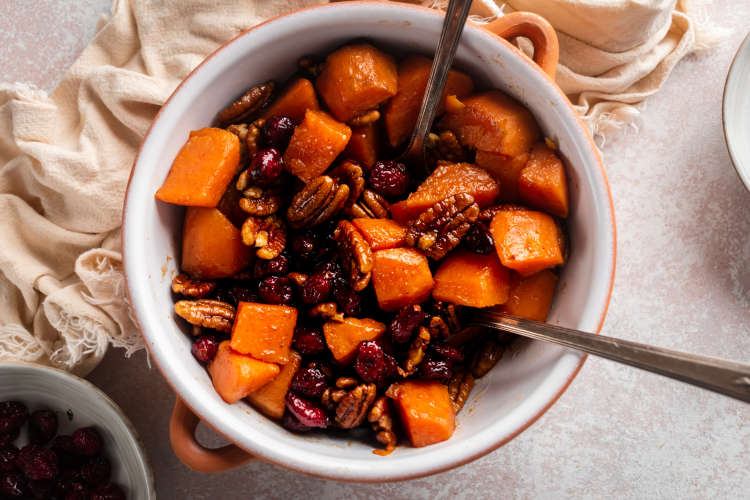 baked candied sweet potatoes are a comforting sweet potato side dish