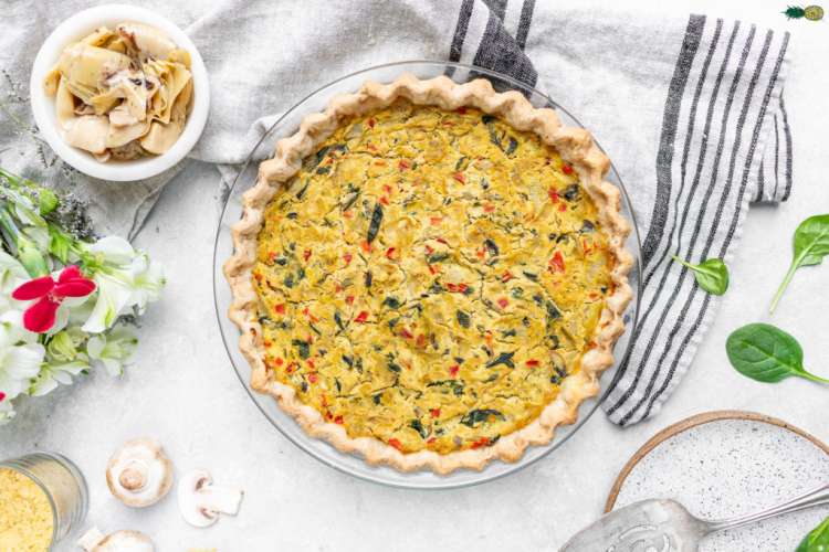 vegan spinach and artichoke quiche is a spring recipe to brighten up your table