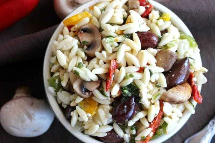 greek orzo salad is a colorful, quick and hearty vegan pasta salad recipe