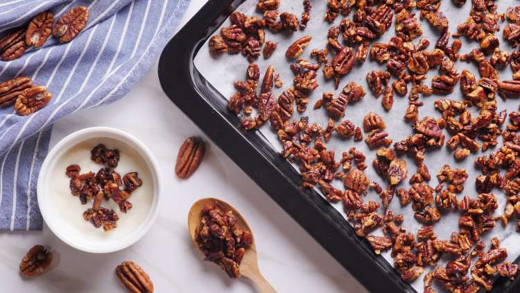 honey roasted pecans are a sweet and buttery gluten free party snack