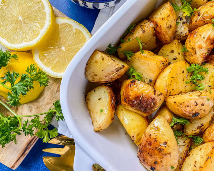 roasted lemon greek potatoes are flavorful and zesty