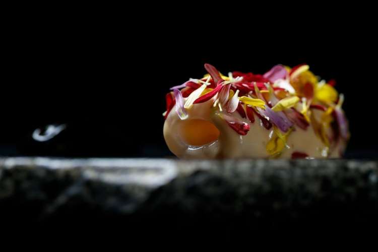 squid with spicy butter, sweet flowers and black garlic