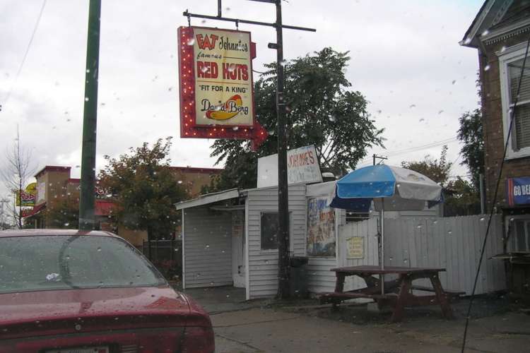 Fat Johnnie's serves famous Chicago hot dogs.