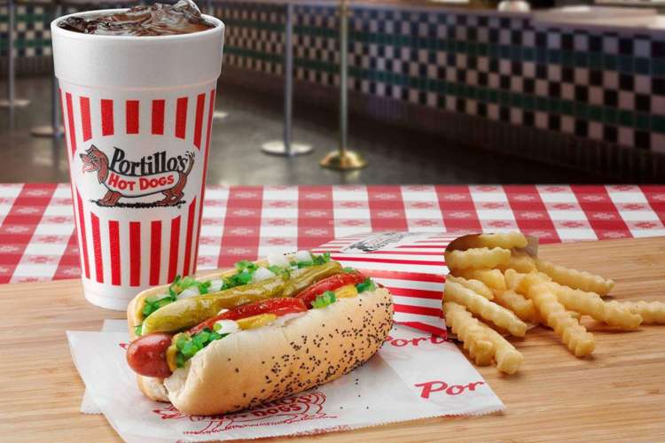 Portillo's serves famous hot dogs in Chicago.