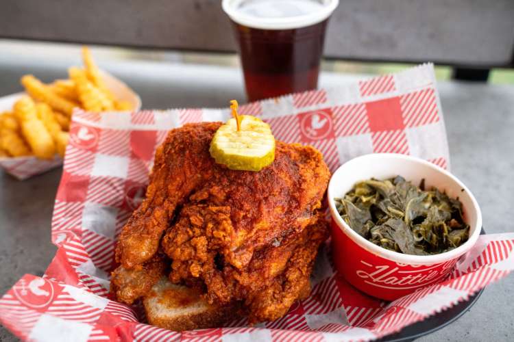 Nashville hot chicken, crinkle cut fries and greens