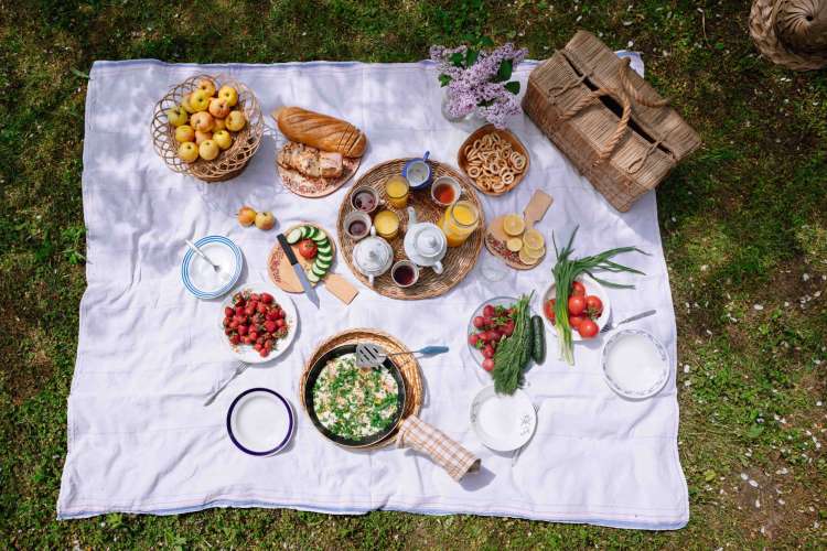 a variety of snacks and foods spread on a white blanket in the grass