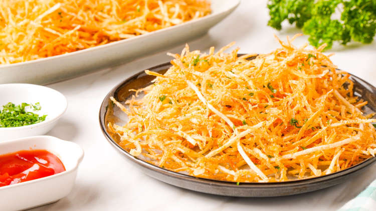 shoestring fries are a crispy, versatile easy super bowl appetizer