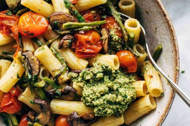 farmer's market pasta with walnut pesto is a versatile healthy vegan pasta recipe